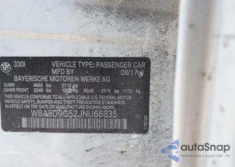 2018 BMW 330I xDrive z USA, uszkodzony, nr VIN WBA8D9G52JNU66835